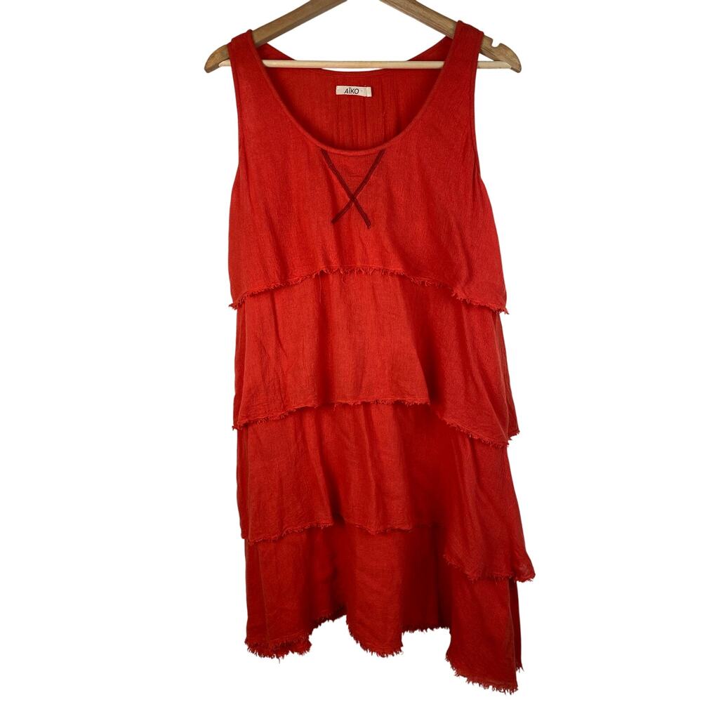 AIKO Women's Size S Orange Tiered Raw Edge Scoop Neck Shift Tank Dress *‎